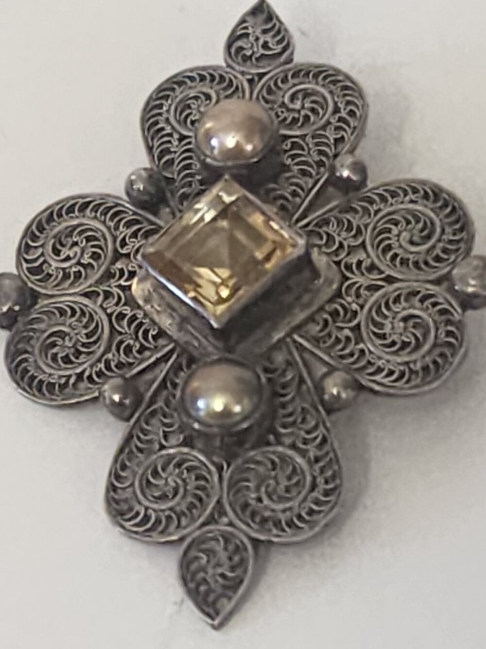 Vintage Sterling  925 Filigree PTI , Citrine   Pendant, Etruscan Revival Cross